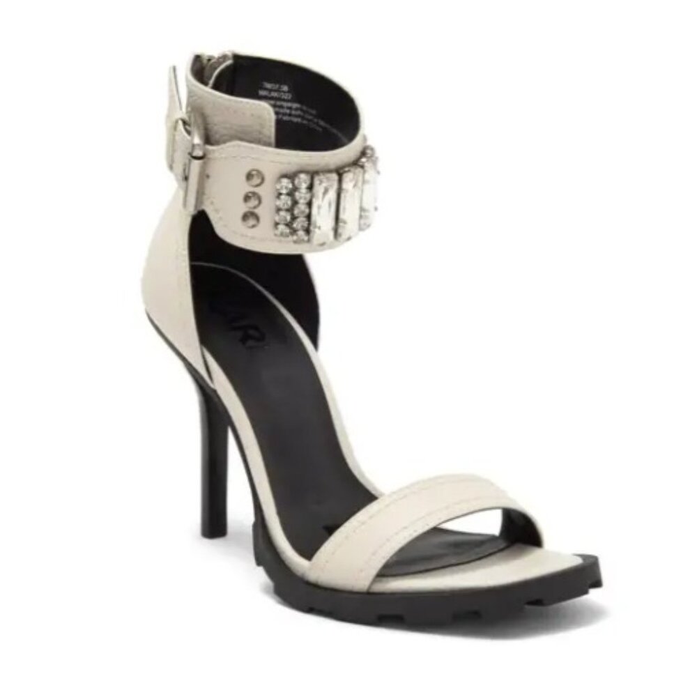 NEW KARL LAGERFELD PARIS Embellished Ankle Strap Sandal High Heel Soft White